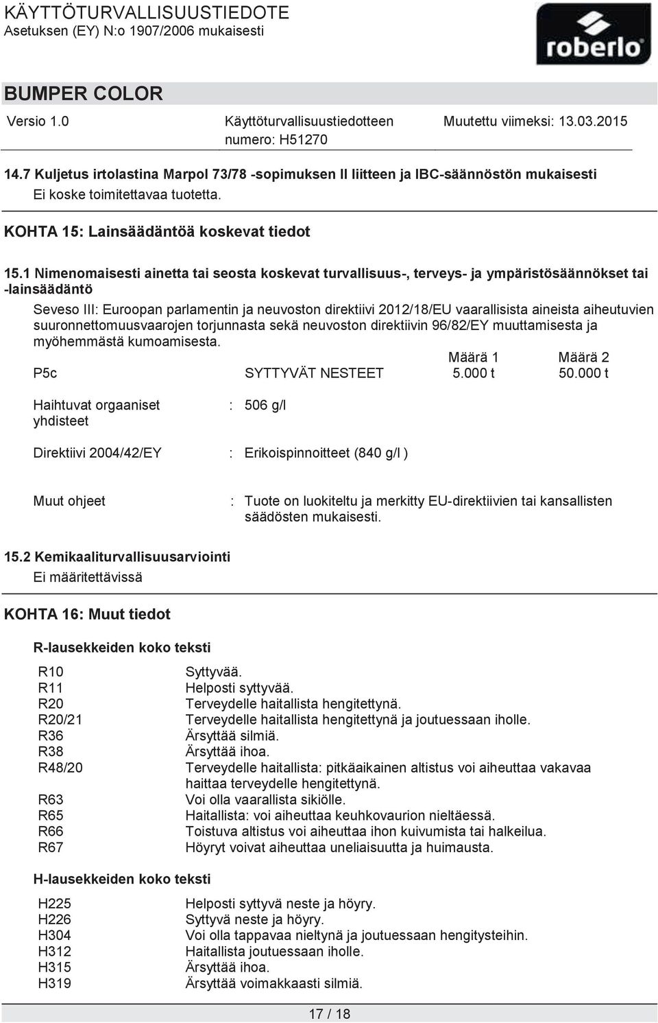 aineista aiheutuvien suuronnettomuusvaarojen torjunnasta sekä neuvoston direktiivin 96/82/EY muuttamisesta ja myöhemmästä kumoamisesta. Määrä 1 Määrä 2 P5c SYTTYVÄT NESTEET 5.000 t 50.