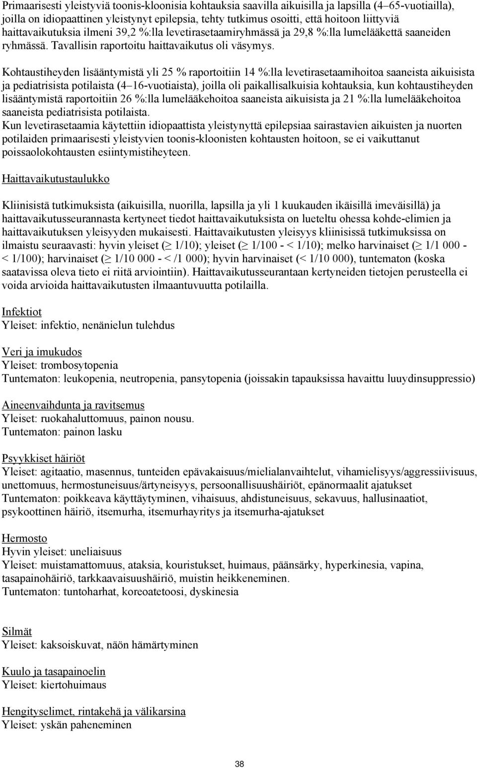 Kohtaustiheyden lisääntymistä yli 25 % raportoitiin 14 %:lla levetirasetaamihoitoa saaneista aikuisista ja pediatrisista potilaista (4 16-vuotiaista), joilla oli paikallisalkuisia kohtauksia, kun