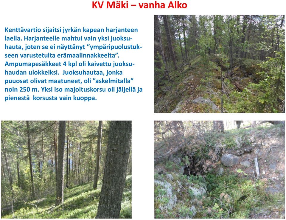 erämaalinnakkeelta. Ampumapesäkkeet 4 kpl oli kaivettu juoksuhaudan ulokkeiksi.