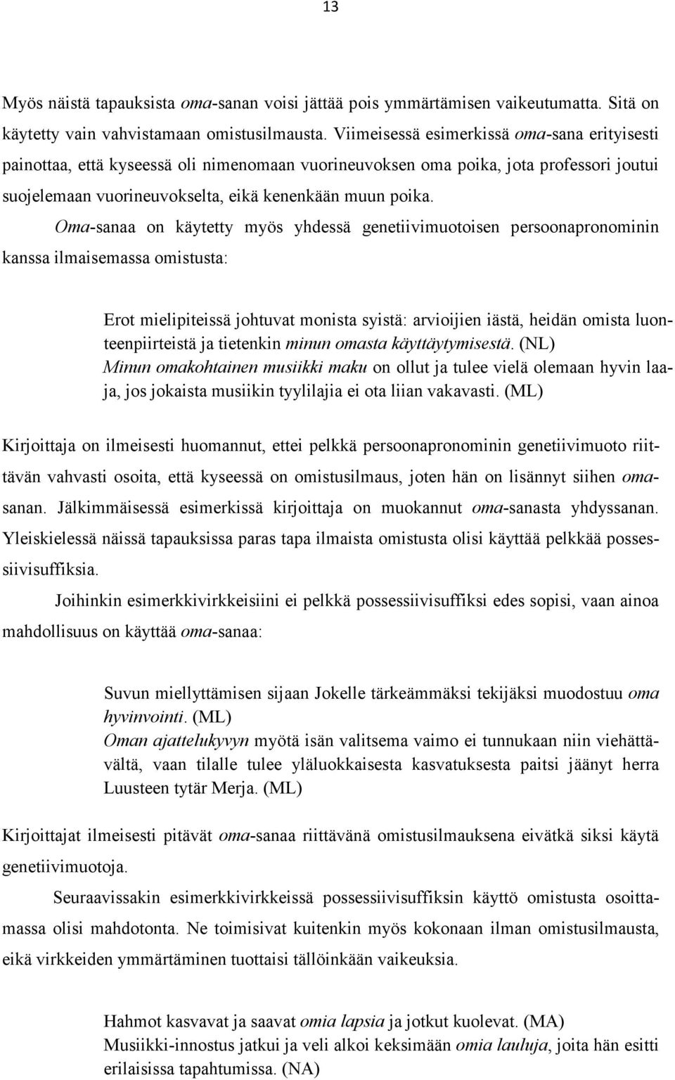 Oma-sanaa on käytetty myös yhdessä genetiivimuotoisen persoonapronominin kanssa ilmaisemassa omistusta: Erot mielipiteissä johtuvat monista syistä: arvioijien iästä, heidän omista luonteenpiirteistä