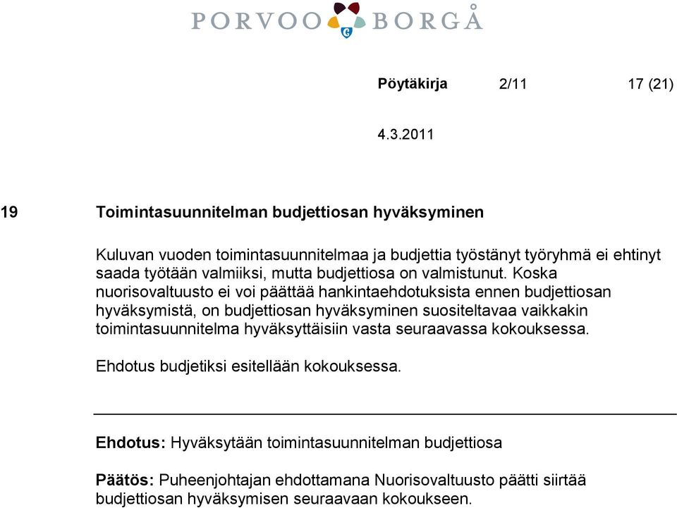 Koska nuorisovaltuusto ei voi päättää hankintaehdotuksista ennen budjettiosan hyväksymistä, on budjettiosan hyväksyminen suositeltavaa vaikkakin