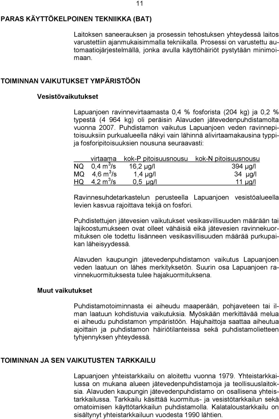 TOIMINNAN VAIKUTUKSET YMPÄRISTÖÖN Vesistövaikutukset Muut vaikutukset Lapuanjoen ravinnevirtaamasta 0,4 % fosforista (204 kg) ja 0,2 % typestä (4 964 kg) oli peräisin Alavuden jätevedenpuhdistamolta