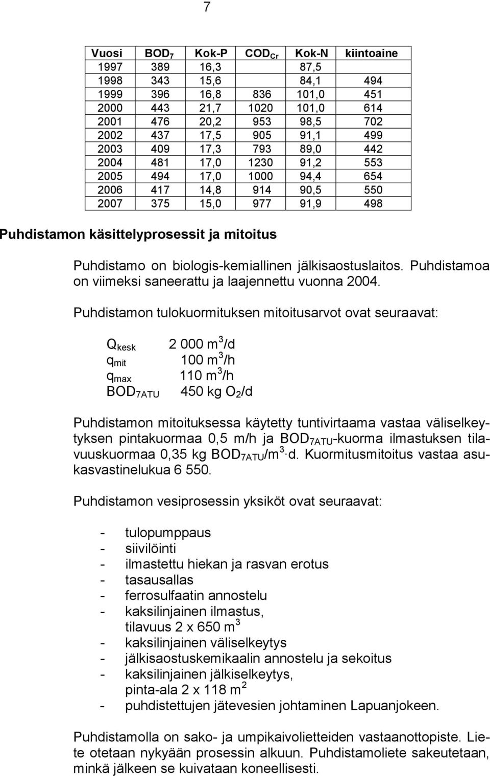 biologis-kemiallinen jälkisaostuslaitos. Puhdistamoa on viimeksi saneerattu ja laajennettu vuonna 2004.