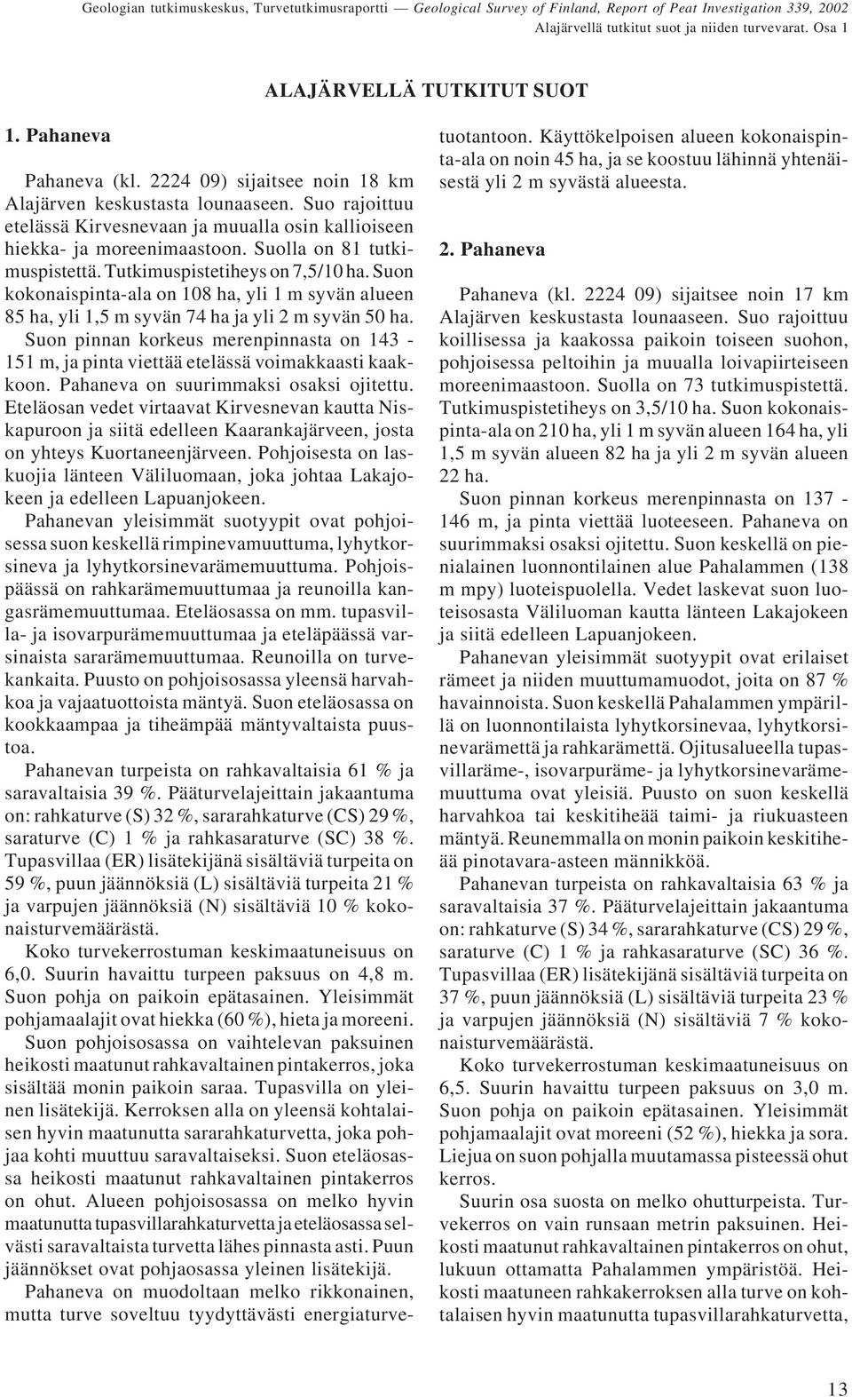 Suon kokonaispinta-ala on 108 ha, yli 1 m syvän alueen 85 ha, yli 1,5 m syvän 74 ha ja yli 2 m syvän 50 ha.