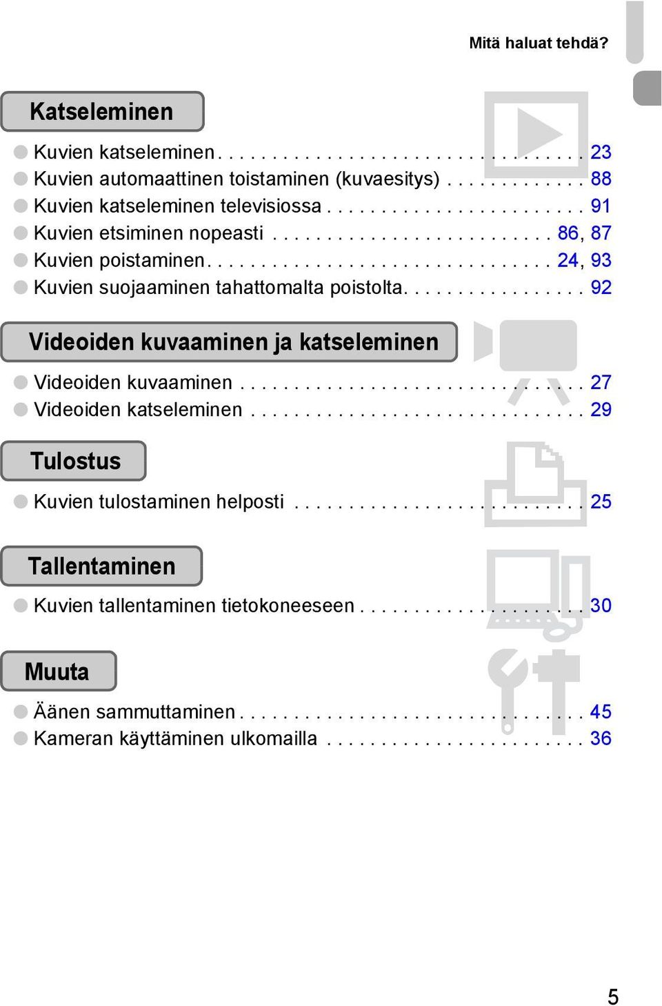 ................ 92 Videoiden kuvaaminen ja katseleminen E Videoiden kuvaaminen................................ 27 Videoiden katseleminen............................... 29 Tulostus 2 Kuvien tulostaminen helposti.