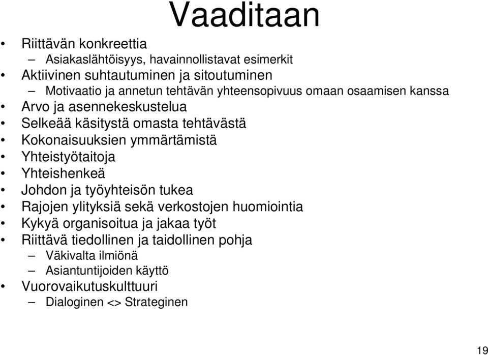 ymmärtämistä Yhteistyötaitoja Yhteishenkeä Johdon ja työyhteisön tukea Rajojen ylityksiä sekä verkostojen huomiointia Kykyä organisoitua