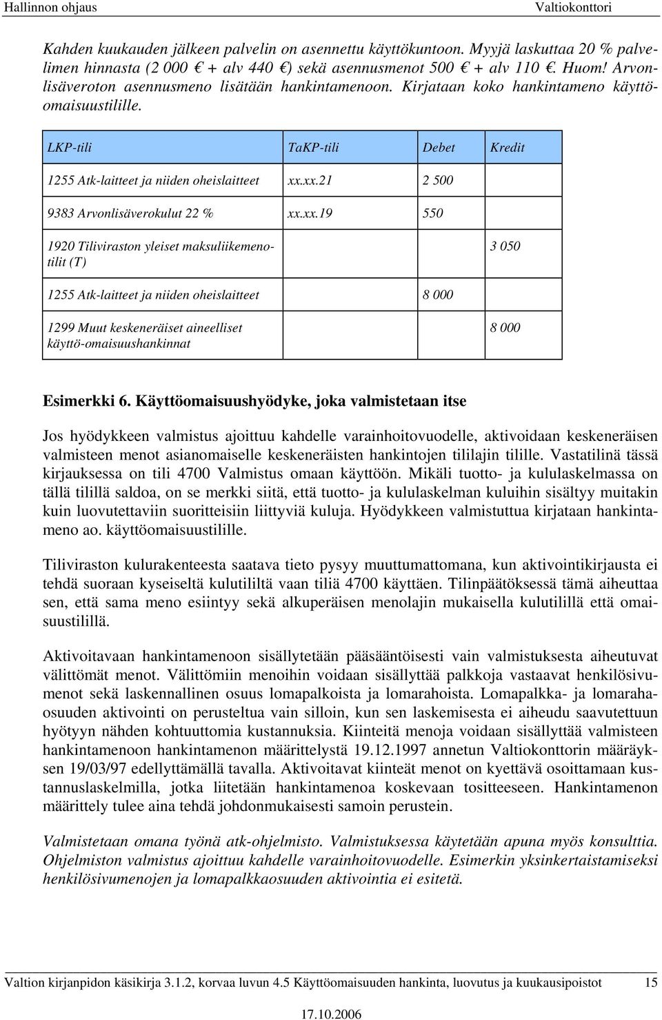 xx.21 2 500 9383 Arvonlisäverokulut 22 % xx.xx.19 550 1920 Tiliviraston yleiset maksuliikemenotilit 3 050 1255 Atk-laitteet ja niiden oheislaitteet 8 000 1299 Muut keskeneräiset aineelliset käyttö-omaisuushankinnat 8 000 Esimerkki 6.