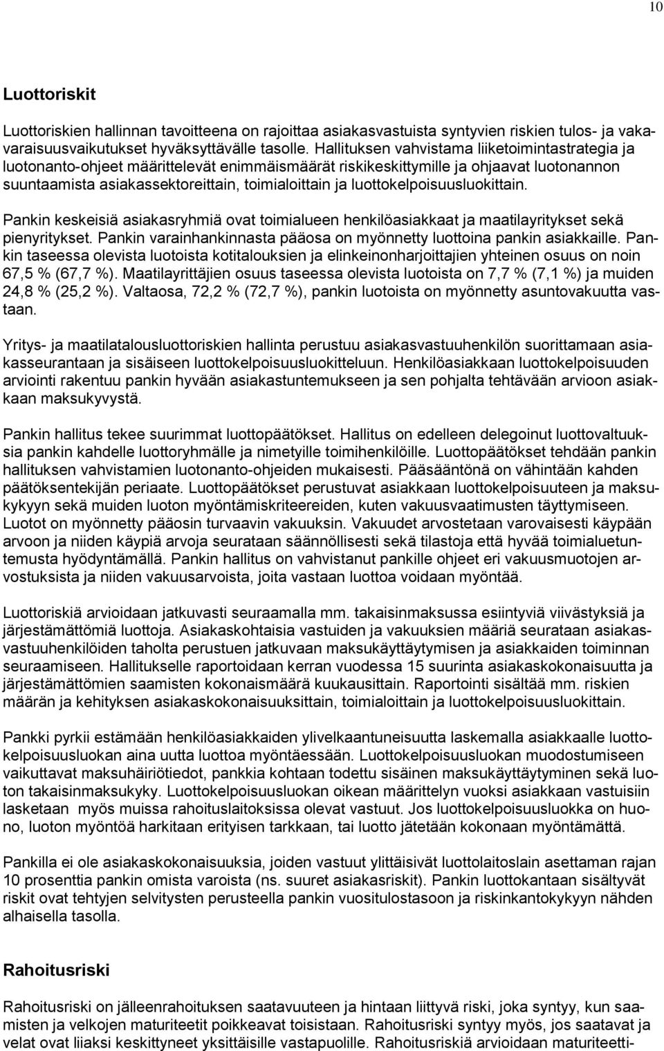 luottokelpoisuusluokittain. Pankin keskeisiä asiakasryhmiä ovat toimialueen henkilöasiakkaat ja maatilayritykset sekä pienyritykset.