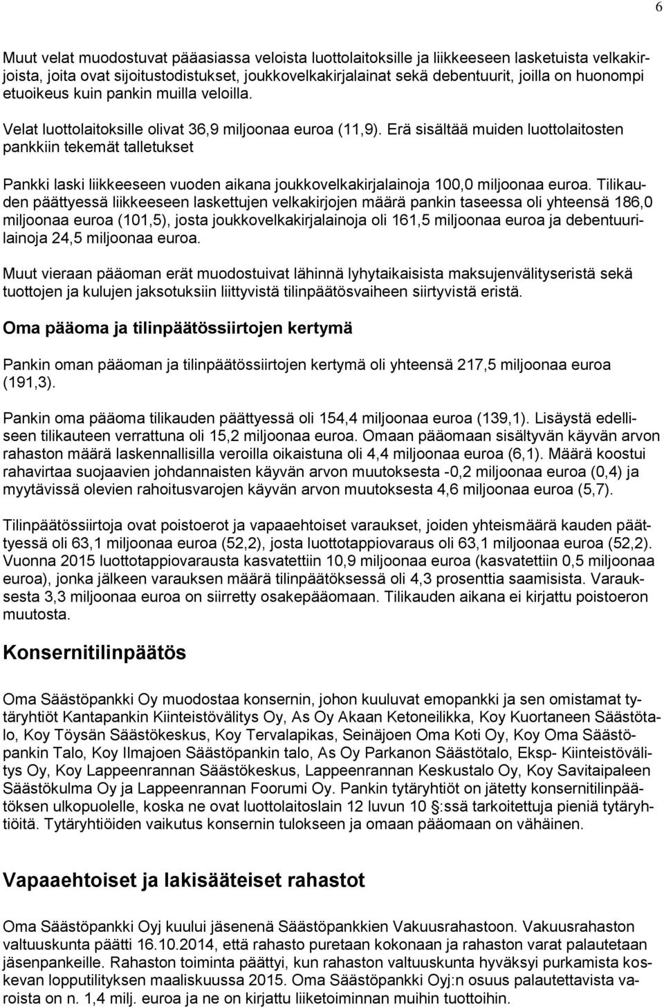 Erä sisältää muiden luottolaitosten pankkiin tekemät talletukset Pankki laski liikkeeseen vuoden aikana joukkovelkakirjalainoja 100,0 miljoonaa euroa.