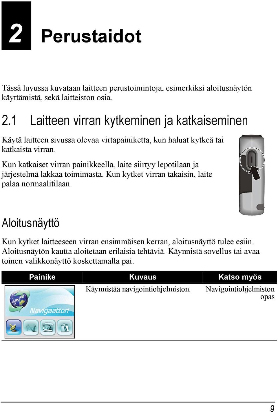 Kun katkaiset virran painikkeella, laite siirtyy lepotilaan ja järjestelmä lakkaa toimimasta. Kun kytket virran takaisin, laite palaa normaalitilaan.