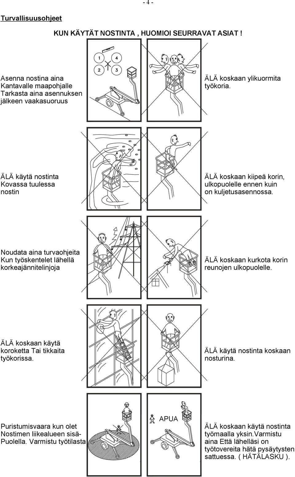 ÄLÄ käytä nostinta Kovassa tuulessa nostin ÄLÄ koskaan kiipeä korin, ulkopuolelle ennen kuin on kuljetusasennossa.