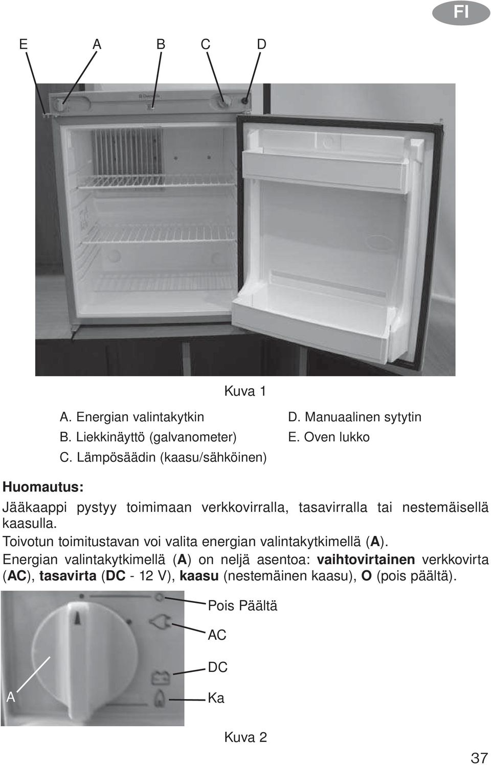 Lämpösäädin (kaasu/sähköinen) Jääkaappi pystyy toimimaan verkkovirralla, tasavirralla tai nestemäisellä kaasulla.