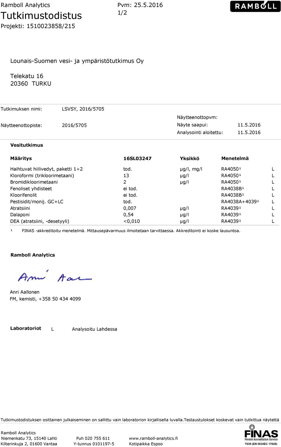 Näytteenottopvm: Näyte saapui: 11.5.2016 Analysointi aloitettu: 11.5.2016 Vesitutkimus Määritys 16SL03247 Yksikkö Menetelmä Haihtuvat hiilivedyt, paketti 1+2 tod.