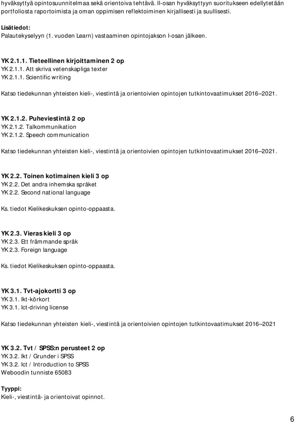 YK 2.1.2. Puheviestintä 2 op YK 2.1.2. Talkommunikation YK 2.1.2. Speech communication Katso tiedekunnan yhteisten kieli-, viestintä ja orientoivien opintojen tutkintovaatimukset 2016 2021. YK 2.2. Toinen kotimainen kieli 3 op YK 2.