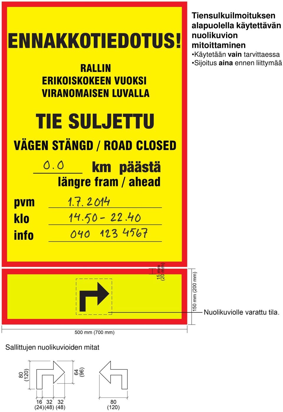 käytettävän nuolikuvion mitoittaminen