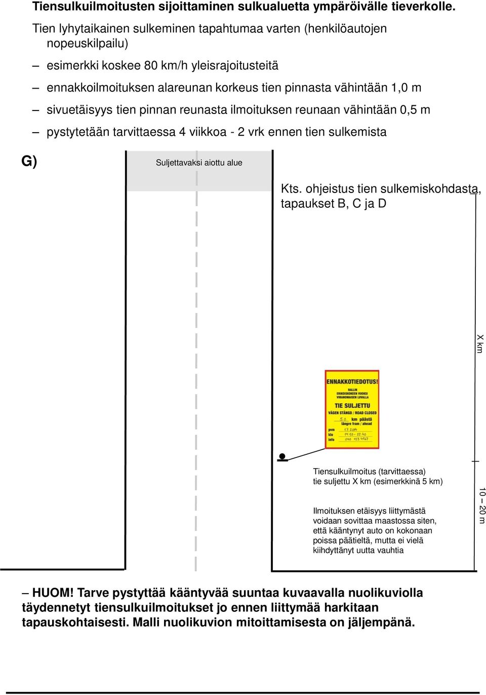 sivuetäisyys tien pinnan reunasta ilmoituksen reunaan vähintään 0,5 m pystytetään tarvittaessa 4 viikkoa - 2 vrk ennen tien sulkemista G) Suljettavaksi aiottu alue Kts.