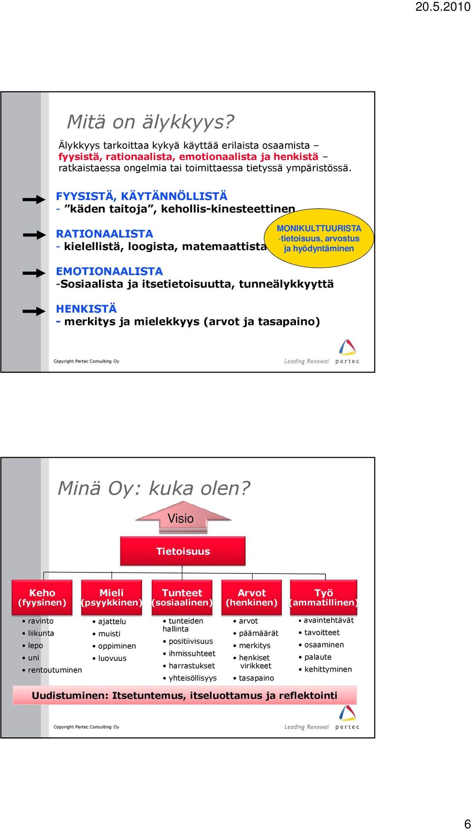 -Sosiaalista ja itsetietoisuutta, tunneälykkyyttä HENKISTÄ - merkitys ja mielekkyys (arvot ja tasapaino) Minä Oy: kuka olen?