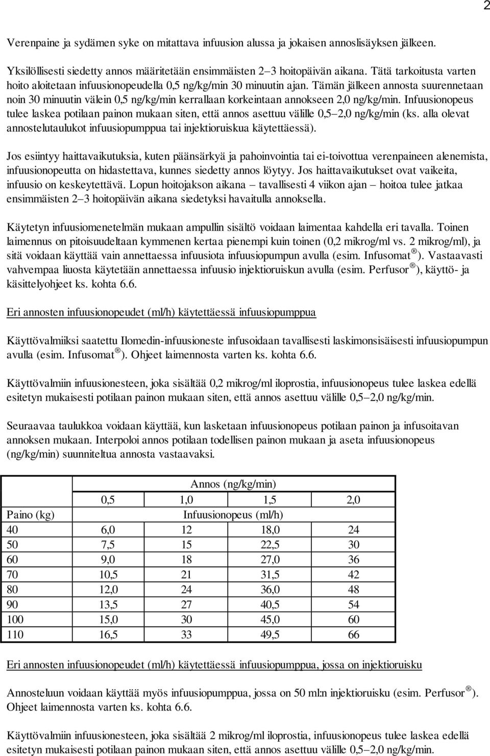 Tämän jälkeen annosta suurennetaan noin 30 minuutin välein 0,5 ng/kg/min kerrallaan korkeintaan annokseen 2,0 ng/kg/min.