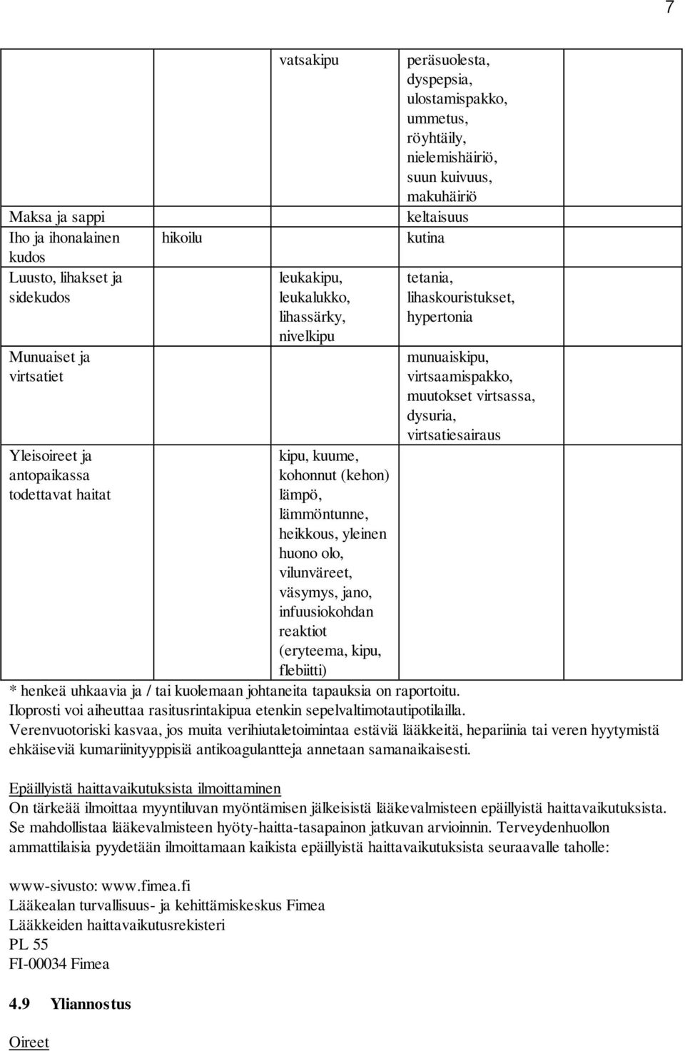 ulostamispakko, ummetus, röyhtäily, nielemishäiriö, suun kuivuus, makuhäiriö keltaisuus kutina tetania, lihaskouristukset, hypertonia munuaiskipu, virtsaamispakko, muutokset virtsassa, dysuria,