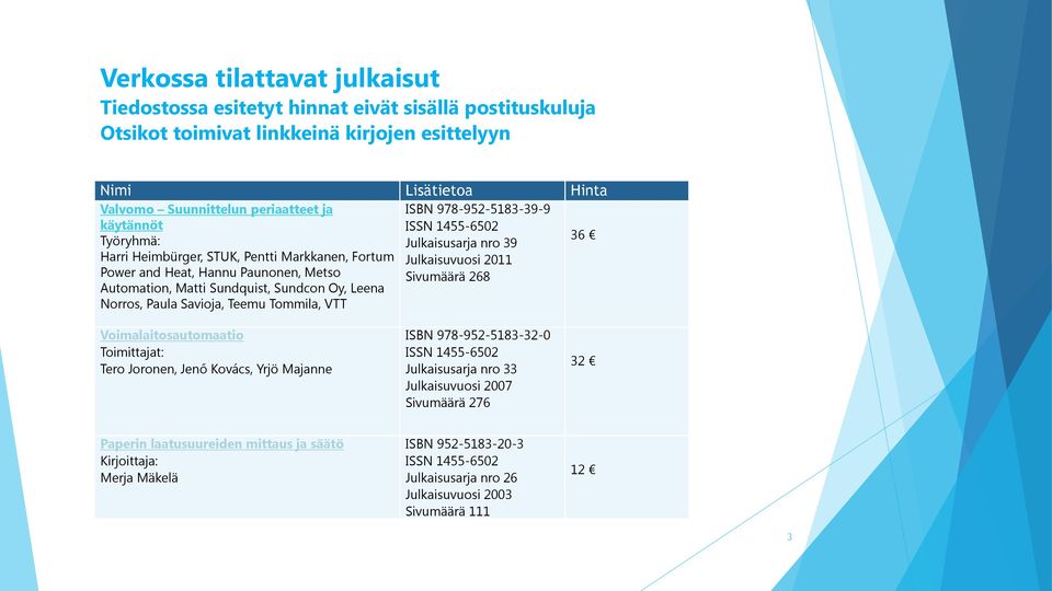 VTT ISBN 978-952-5183-39-9 Julkaisusarja nro 39 Julkaisuvuosi 2011 Sivumäärä 268 36 Voimalaitosautomaatio Toimittajat: Tero Joronen, Jenő Kovács, Yrjö Majanne ISBN 978-952-5183-32-0