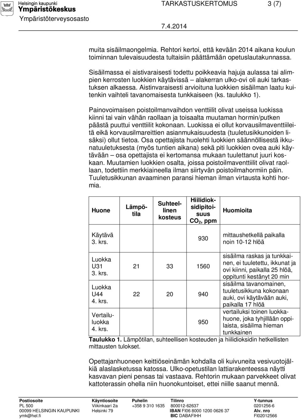 Aistinvaraisesti arvioituna luokkien sisäilman laatu kuitenkin vaihteli tavanomaisesta tunkkaiseen (ks. taulukko 1).