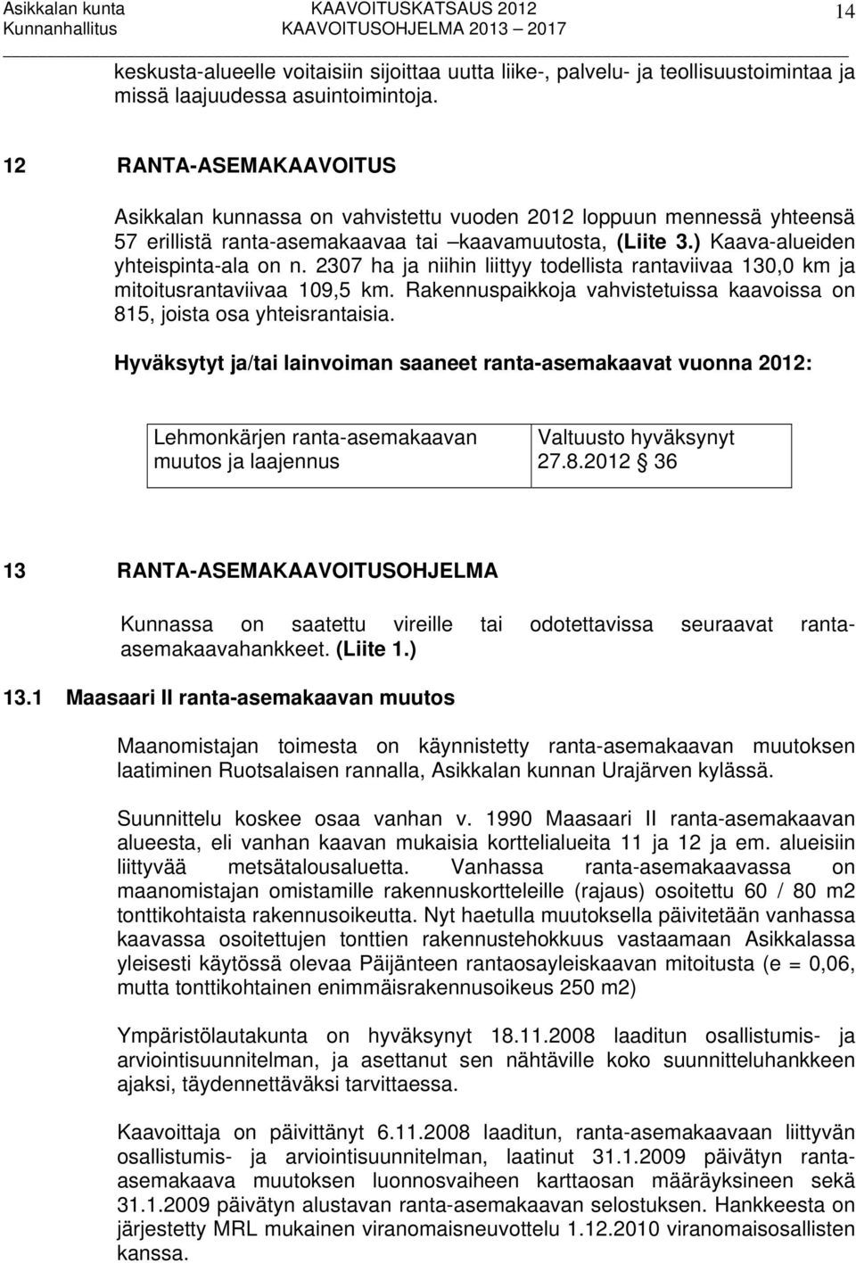 2307 ha ja niihin liittyy todellista rantaviivaa 130,0 km ja mitoitusrantaviivaa 109,5 km. Rakennuspaikkoja vahvistetuissa kaavoissa on 815, joista osa yhteisrantaisia.