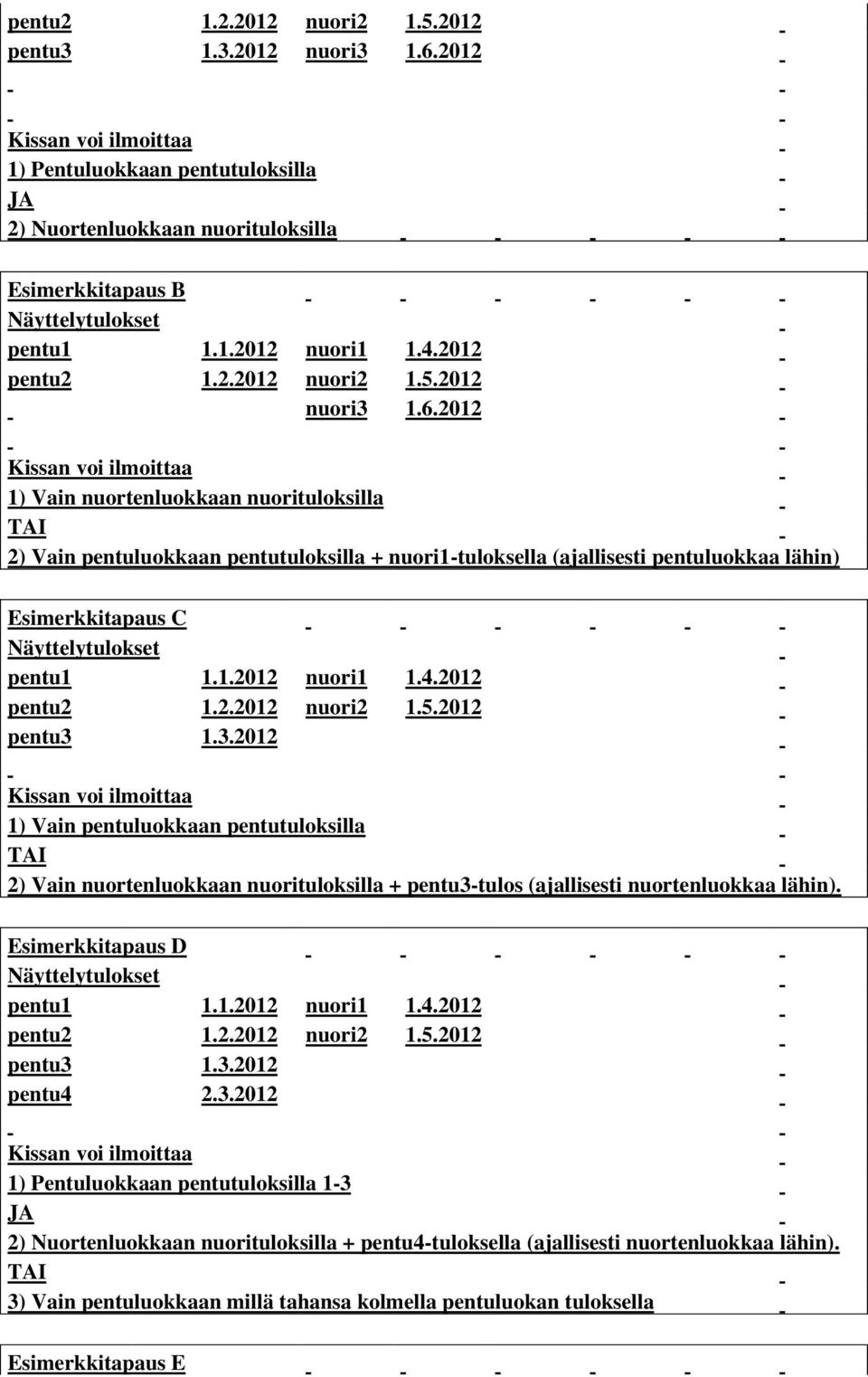 2012 1) Vain nuortenluokkaan nuorituloksilla 2) Vain pentuluokkaan pentutuloksilla + nuori1-tuloksella (ajallisesti pentuluokkaa lähin) Esimerkkitapaus C pentu3 