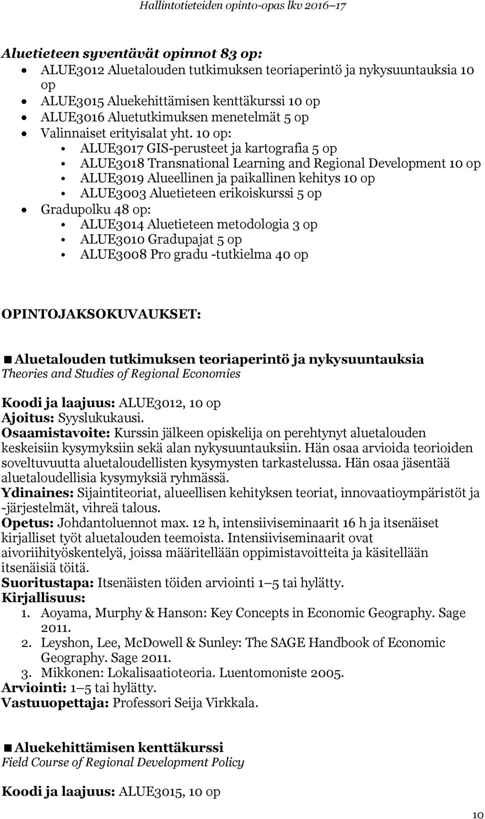 10 op: ALUE3017 GIS-perusteet ja kartografia 5 op ALUE3018 Transnational Learning and Regional Development 10 op ALUE3019 Alueellinen ja paikallinen kehitys 10 op ALUE3003 Aluetieteen erikoiskurssi 5