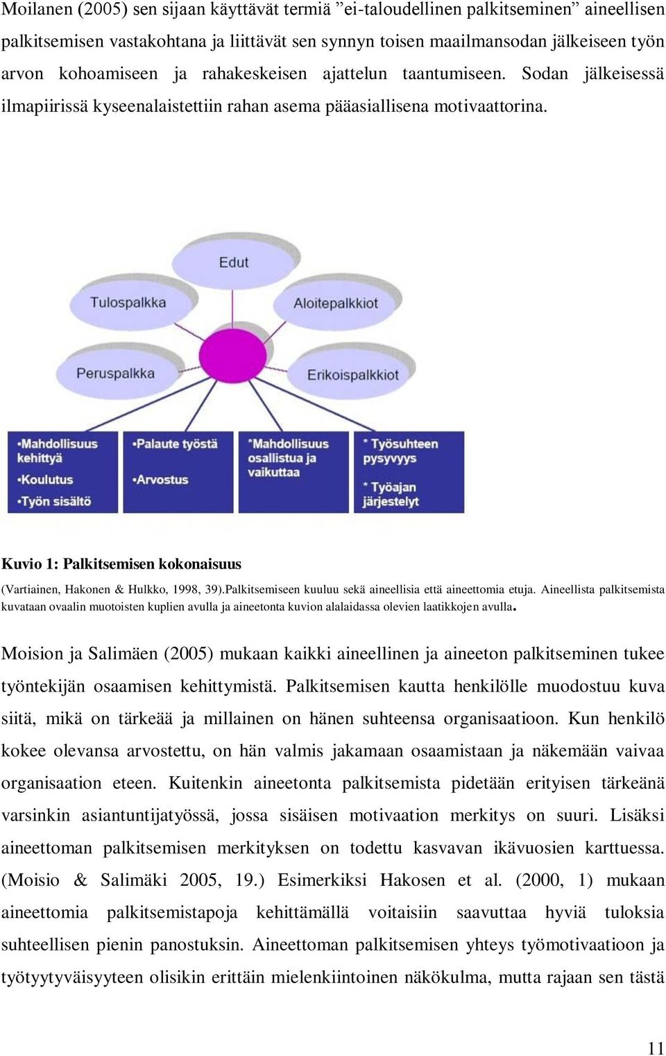 Kuvio 1: Palkitsemisen kokonaisuus (Vartiainen, Hakonen & Hulkko, 1998, 39).Palkitsemiseen kuuluu sekä aineellisia että aineettomia etuja.