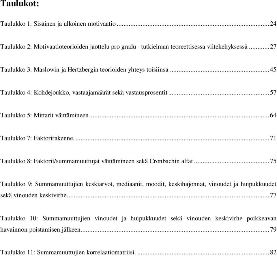.. 64 Taulukko 7: Faktorirakenne.... 71 Taulukko 8: Faktorit/summamuuttujat väittämineen sekä Cronbachin alfat.