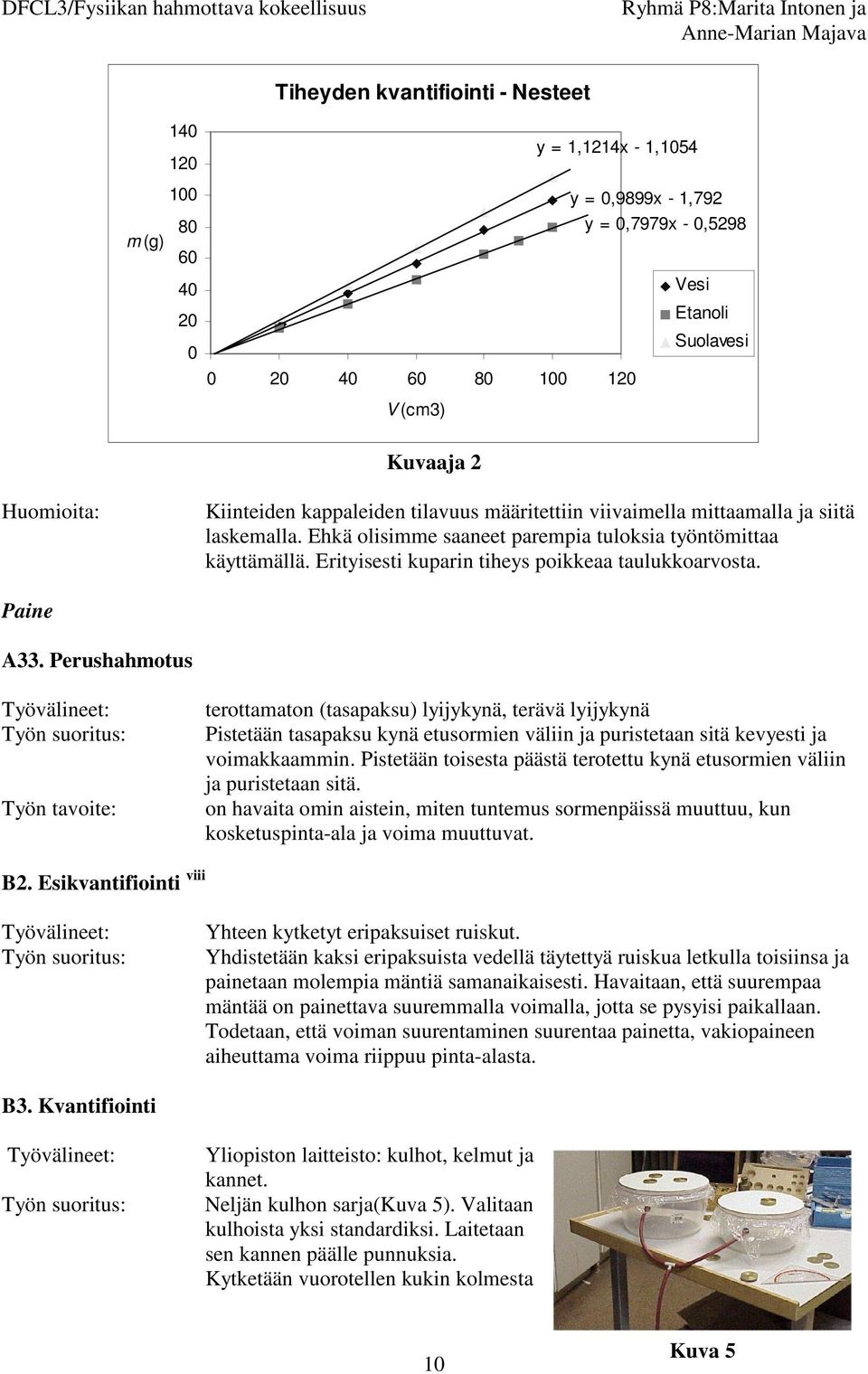 Erityisesti kuparin tiheys poikkeaa taulukkoarvosta. Paine A33.