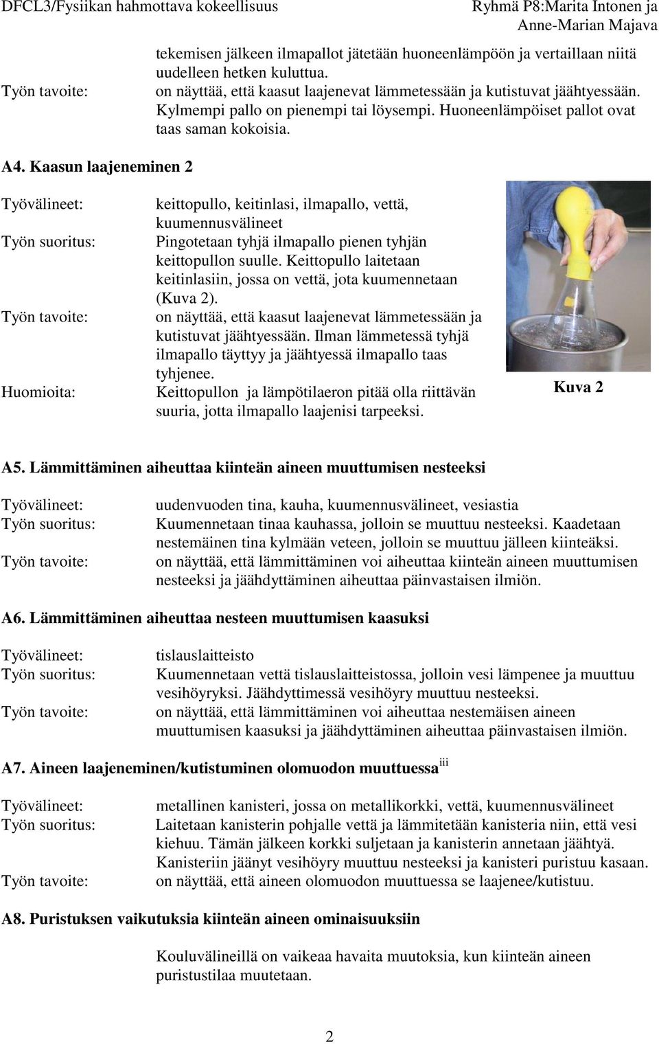 Huomioita: keittopullo, keitinlasi, ilmapallo, vettä, kuumennusvälineet Pingotetaan tyhjä ilmapallo pienen tyhjän keittopullon suulle.