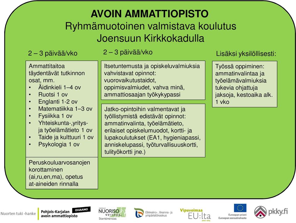 (ai,ru,en,ma), opetus at-aineiden rinnalla Itsetuntemusta ja opiskeluvalmiuksia vahvistavat opinnot: vuorovaikutustaidot, oppimisvalmiudet, vahva minä, ammattiosaajan työkykypassi Jatko-opintoihin