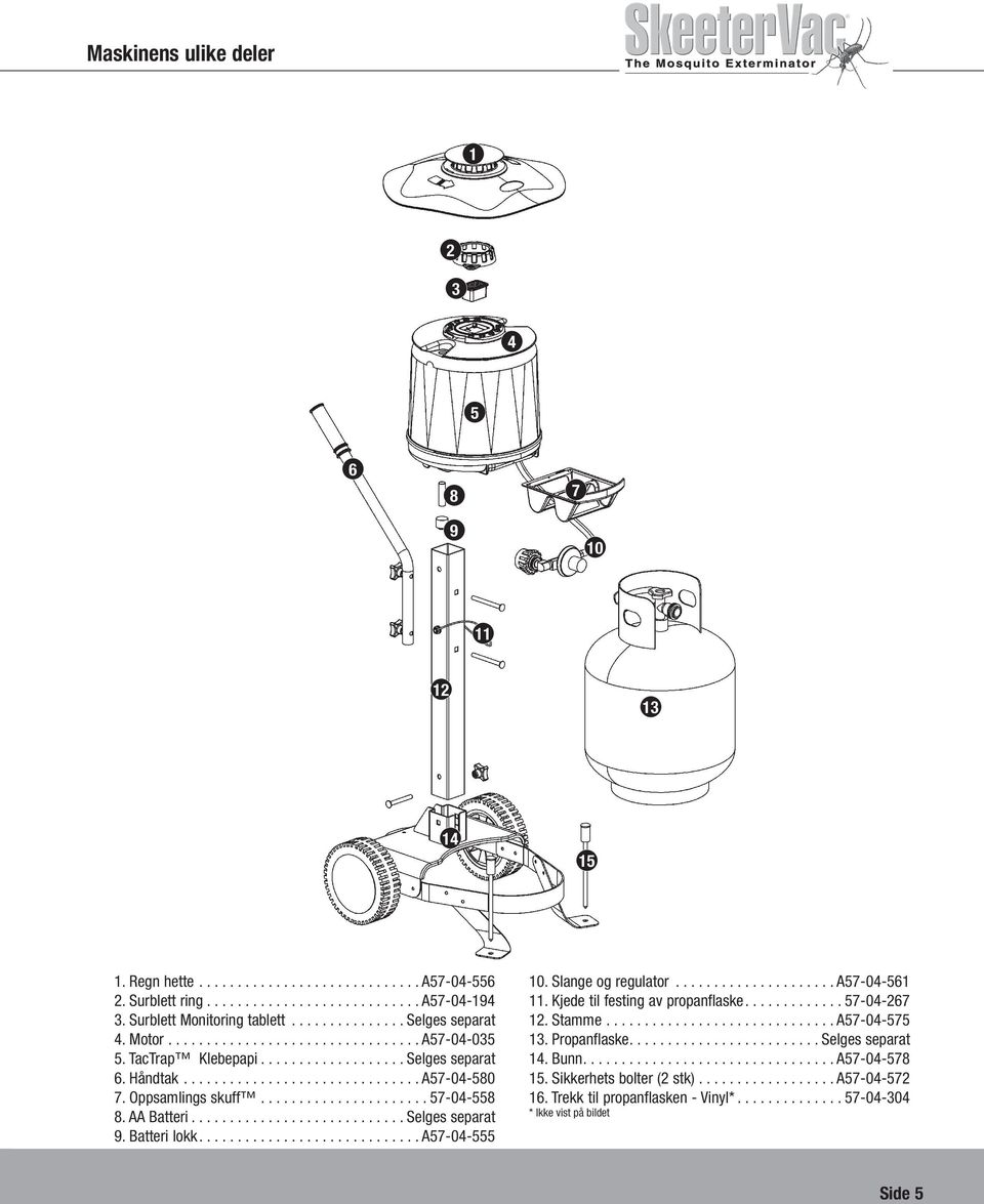 .. Selges separat 9. Batteri lokk...a57-04-555 10. Slange og regulator...a57-04-561 11. Kjede til festing av propanflaske...57-04-267 12. Stamme.