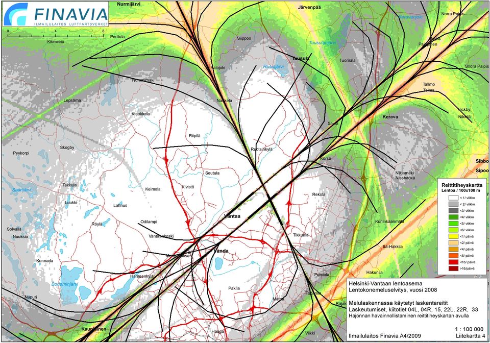 Seutula Vantaa Tikkurila Rekola Kuninkaanmäki Nikinmäki Nissbacka Immersby Sipoo Reittitiheyskartta Lentoa / 100x100 m Hindsby < 1/ viikko < 2/ viikko <3/ viikko <4/ viikko <5/ viikko <6/ viikko <1/