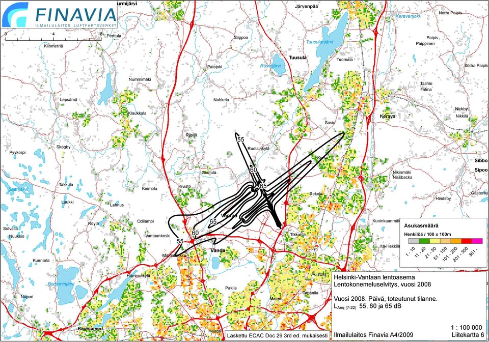 Rekola Hindsby Solvalla Nuuksio Kunnarla Röylä Odilampi Vantaankoski 55 Martinlaakso 60 65 Vanda Vantaa Tikkurila Kuninkaanmäki Itä-Hakkila Asukasmäärä Immersby Henkilöä / 100 x 100m 1-10 11-20 21-50