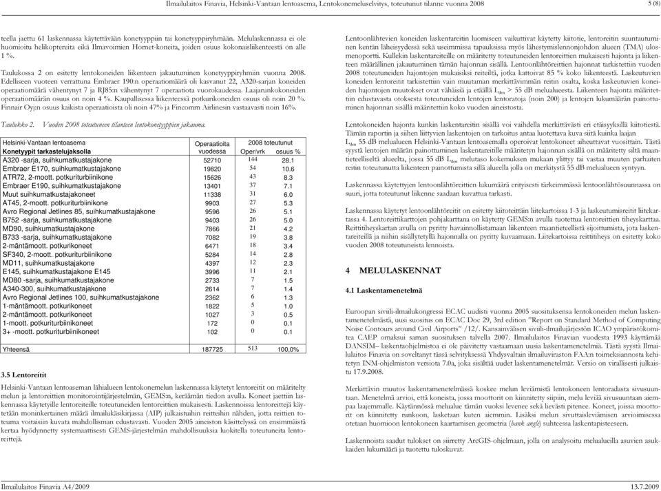 Taulukossa 2 on esitetty lentokoneiden liikenteen jakautuminen konetyyppiryhmiin vuonna 2008.