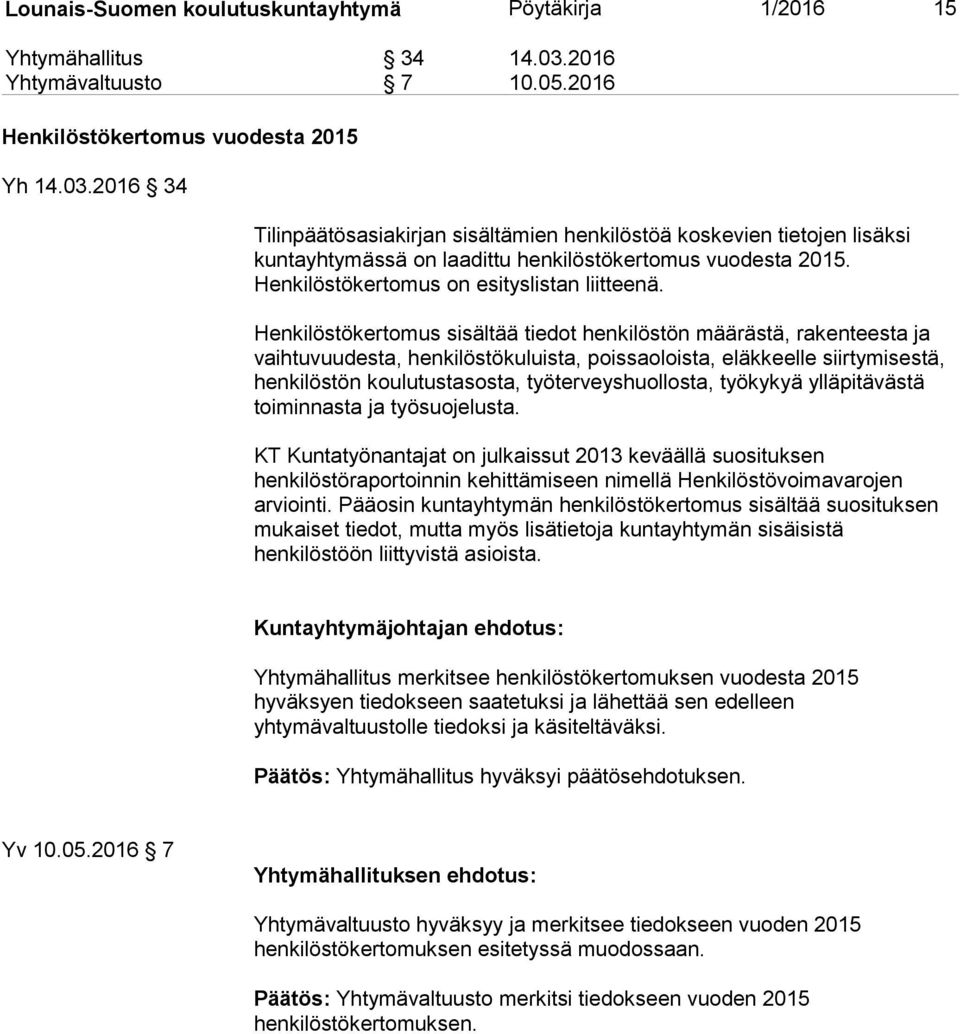 2016 34 Tilinpäätösasiakirjan sisältämien henkilöstöä koskevien tietojen lisäksi kuntayhtymässä on laadittu henkilöstökertomus vuodesta 2015. Henkilöstökertomus on esityslistan liitteenä.