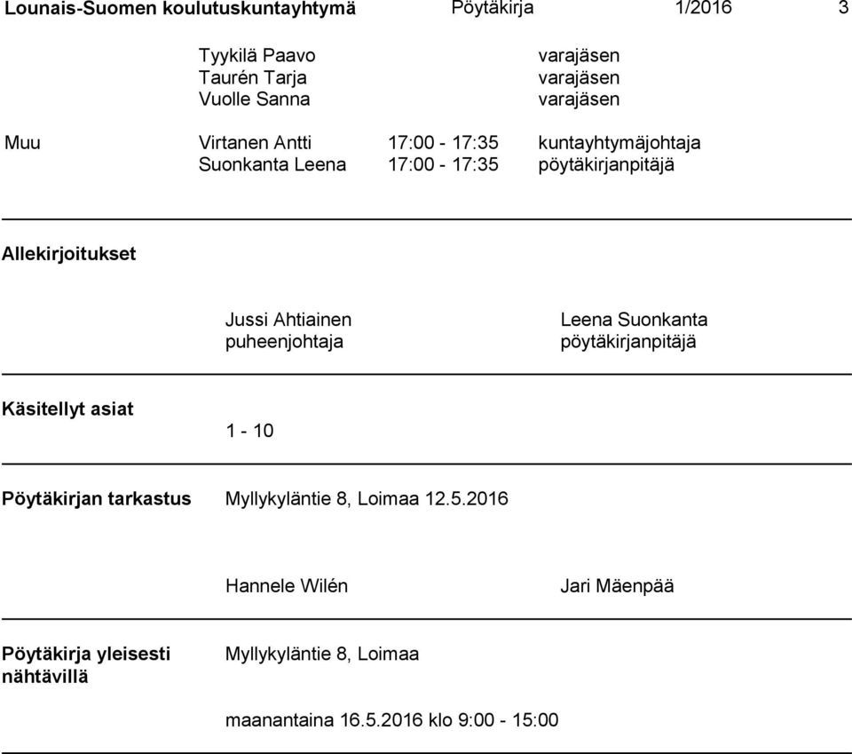 puheenjohtaja Leena Suonkanta pöytäkirjanpitäjä Käsitellyt asiat 1-10 Pöytäkirjan tarkastus Myllykyläntie 8, Loimaa