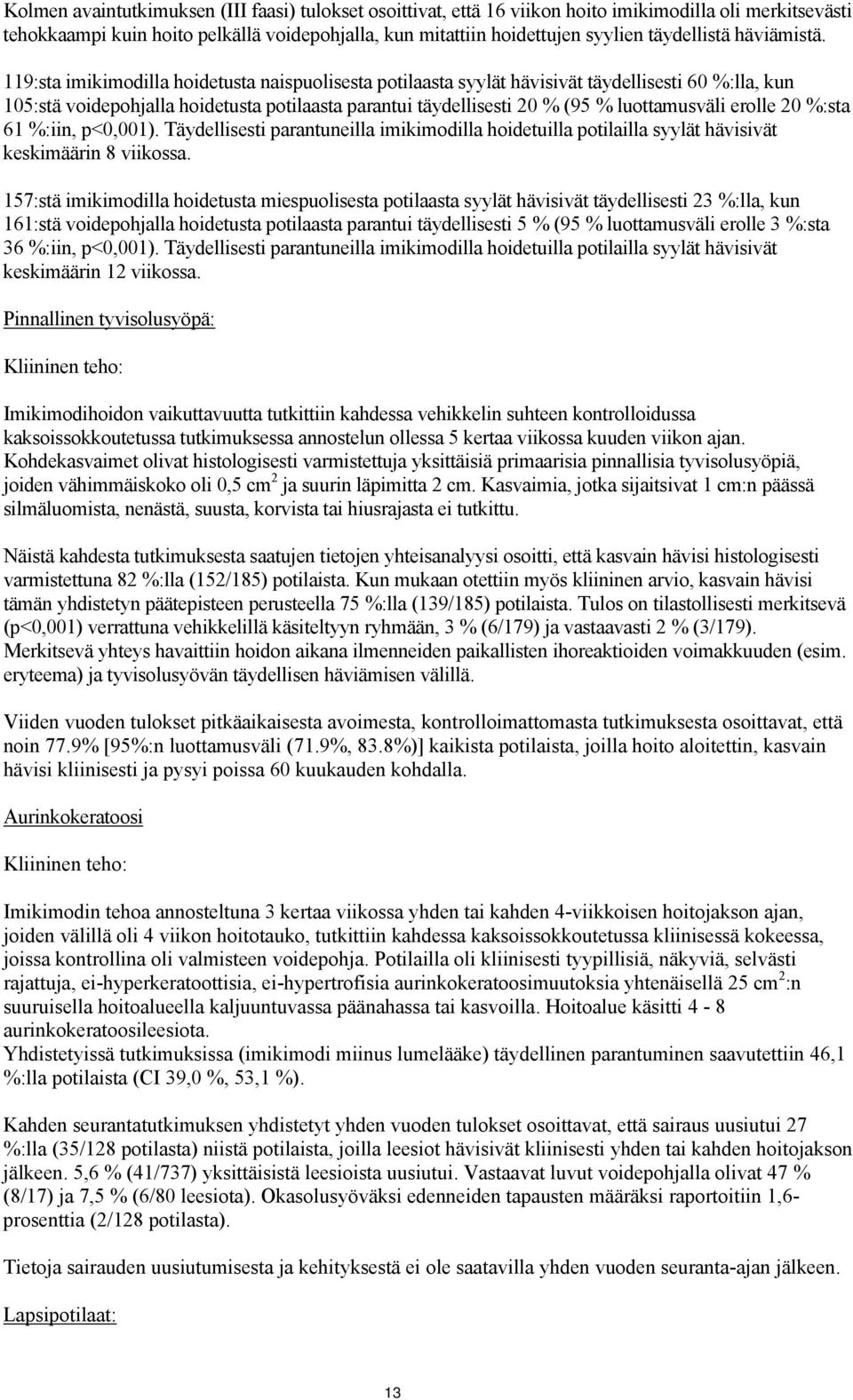 119:sta imikimodilla hoidetusta naispuolisesta potilaasta syylät hävisivät täydellisesti 60 %:lla, kun 105:stä voidepohjalla hoidetusta potilaasta parantui täydellisesti 20 % (95 % luottamusväli