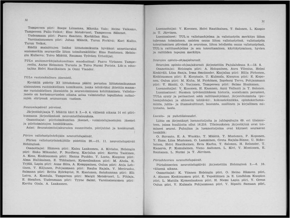 Edellä mainittujen lisäksi liittotoimikunta hyväksyi annettavaksi ansiomerkin seuraaville liiton toimihenkilöille: Eino Rantanen, Helsingin Kullervo; Toivo Määttä, Rauman Työväen Urheilijat.