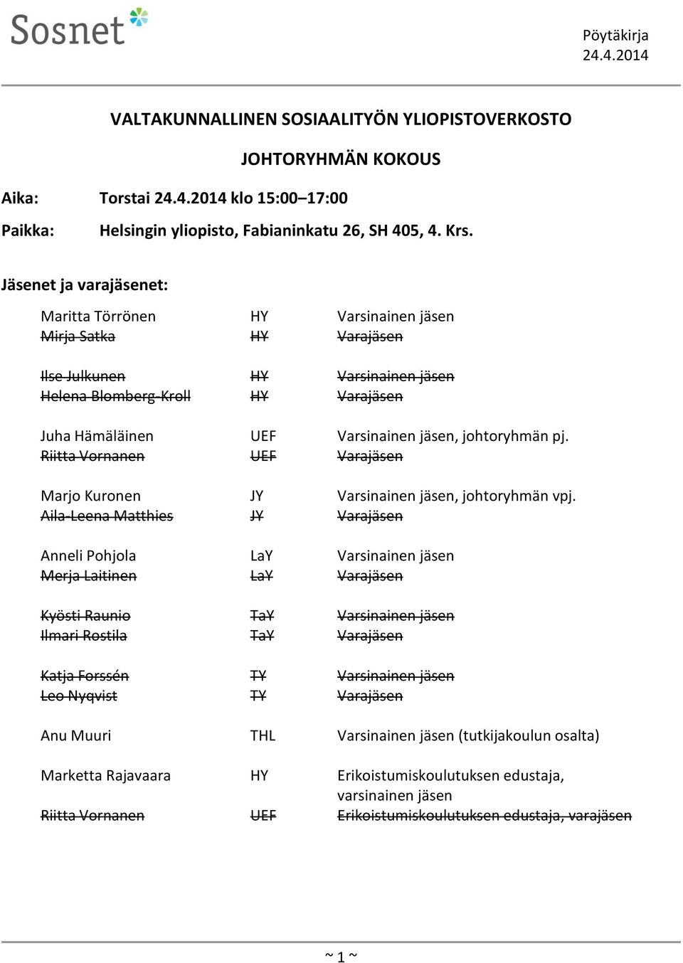 johtoryhmän pj. Riitta Vornanen UEF Varajäsen Marjo Kuronen JY Varsinainen jäsen, johtoryhmän vpj.