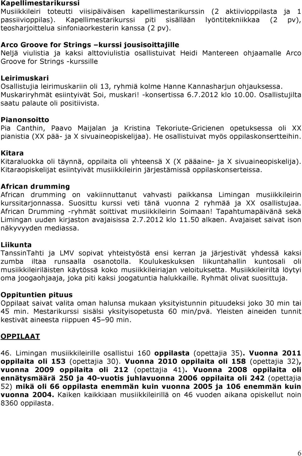 Arco Groove for Strings kurssi jousisoittajille Neljä viulistia ja kaksi alttoviulistia osallistuivat Heidi Mantereen ohjaamalle Arco Groove for Strings -kurssille Leirimuskari Osallistujia