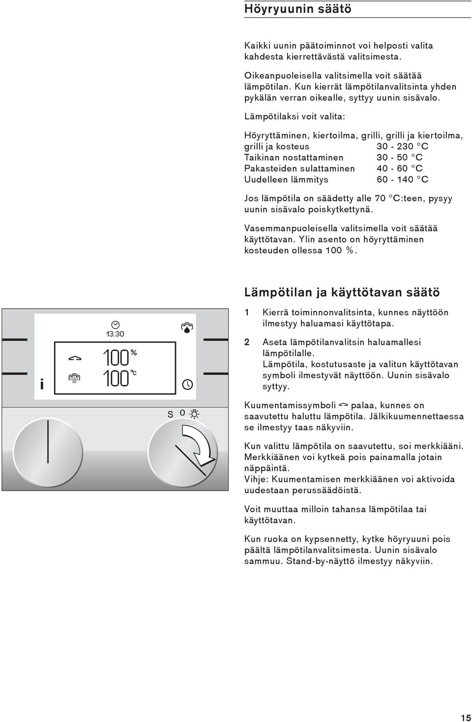 Lämpötilaksi voit valita: Höyryttäminen, kiertoilma, grilli, grilli ja kiertoilma, grilli ja kosteus 30-230 C Taikinan nostattaminen 30-50 C Pakasteiden sulattaminen 40-60 C Uudelleen lämmitys 60-140