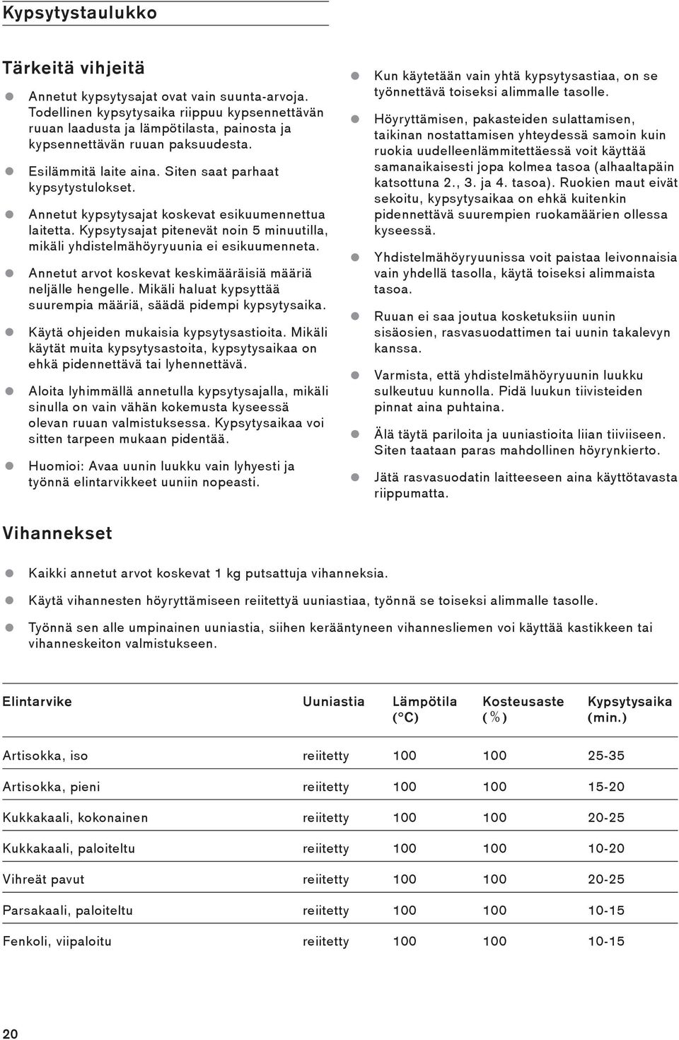 Annetut kypsytysajat koskevat esikuumennettua laitetta. Kypsytysajat pitenevät noin 5 minuutilla, mikäli yhdistelmähöyryuunia ei esikuumenneta.