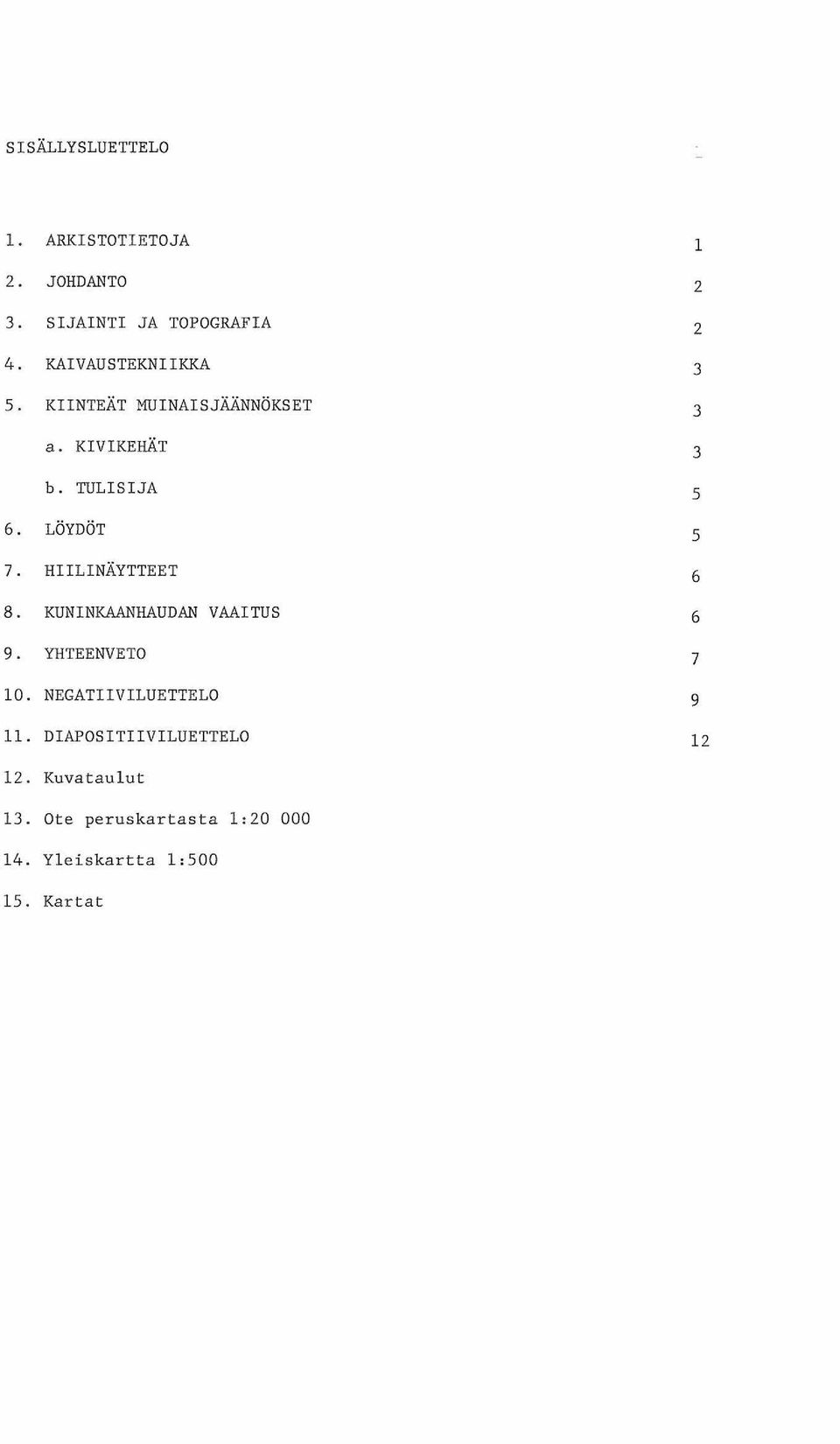 HIILINÄYTTEET 8. KUNINKAANHAUDAN VAAITUS 9. YHTEENVETO 0. NEGATIIVILUETTELO.