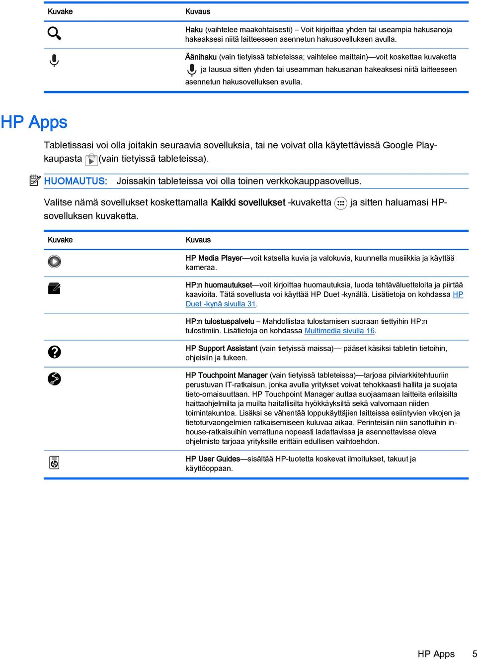 HP Apps Tabletissasi voi olla joitakin seuraavia sovelluksia, tai ne voivat olla käytettävissä Google Playkaupasta (vain tietyissä tableteissa).