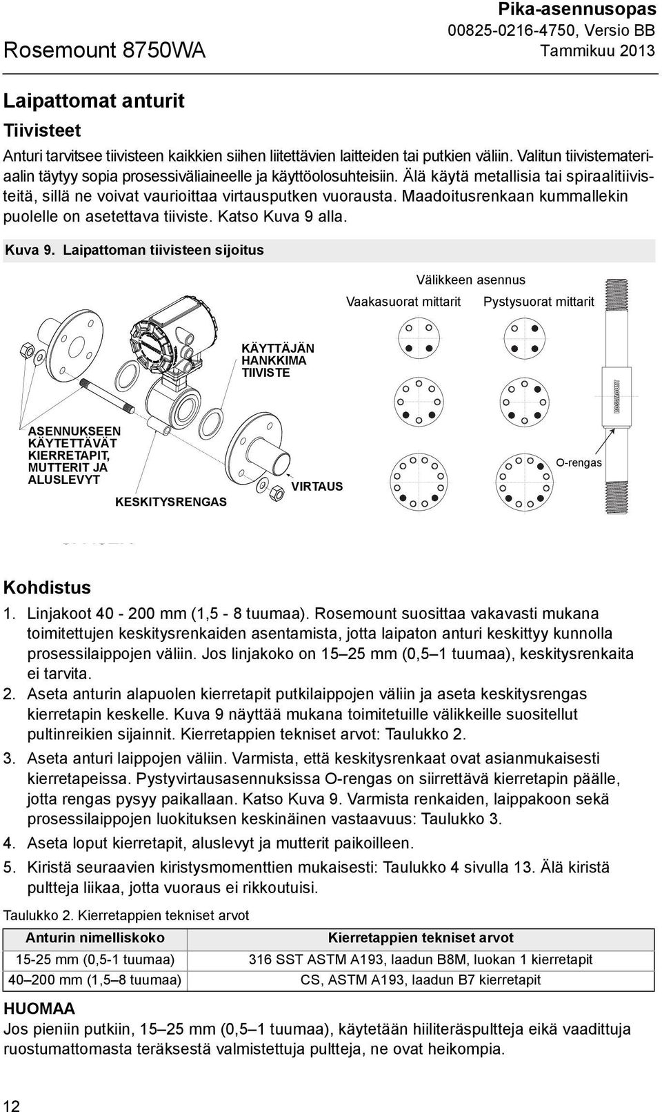 Maadoitusrenkaan kummallekin puolelle on asetettava tiiviste. Katso Kuva 9 