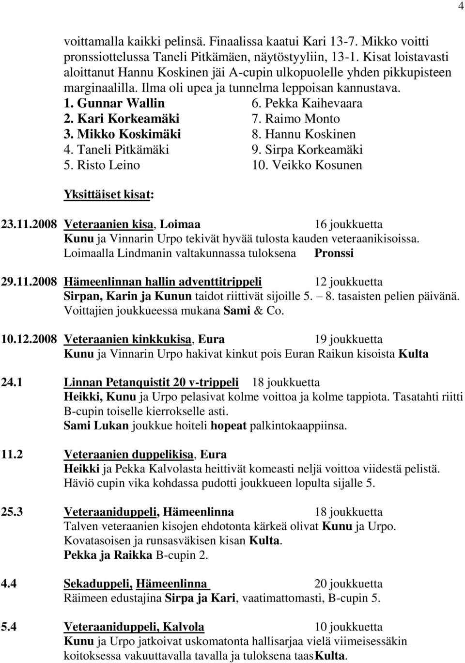 Kari Korkeamäki 7. Raimo Monto 3. Mikko Koskimäki 8. Hannu Koskinen 4. Taneli Pitkämäki 9. Sirpa Korkeamäki 5. Risto Leino 10. Veikko Kosunen Yksittäiset kisat: 23.11.