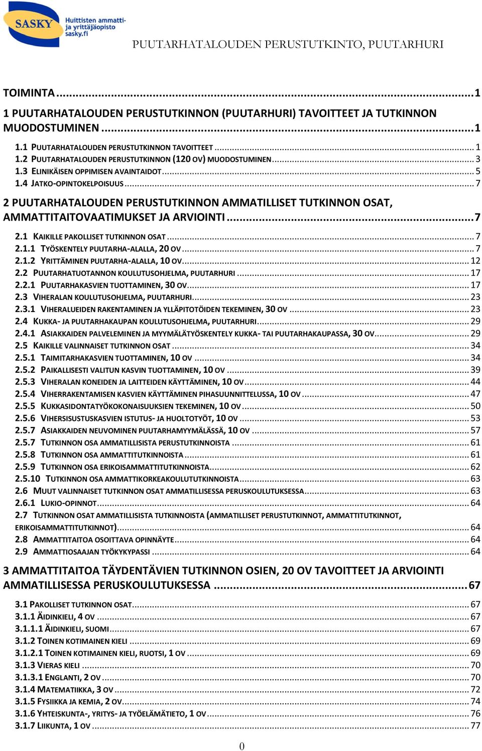 .. 7 2.1.1 TYÖSKENTELY PUUTARHA-ALALLA, 20 OV... 7 2.1.2 YRITTÄMINEN PUUTARHA-ALALLA, 10 OV... 12 2.2 PUUTARHATUOTANNON KOULUTUSOHJELMA, PUUTARHURI... 17 2.2.1 PUUTARHAKASVIEN TUOTTAMINEN, 30 OV.